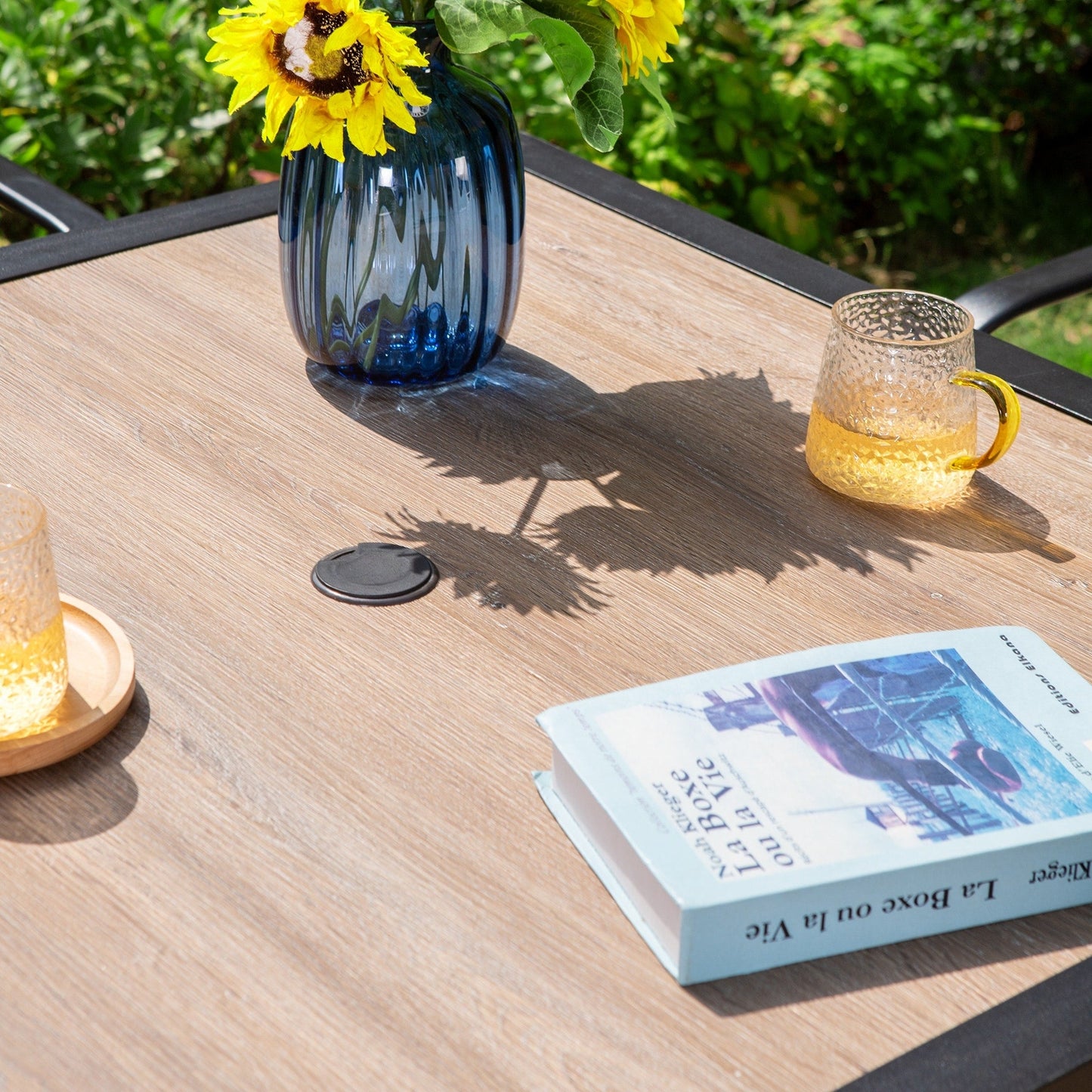 MAISON ARTS Set da pranzo per esterni da 5 pezzi con tavolo quadrato effetto legno e 4 sedie da pranzo in textilene