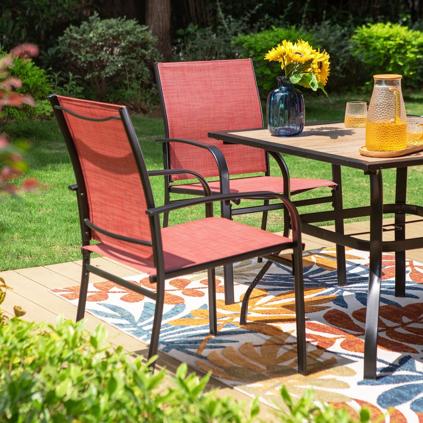 MAISON ARTS Set da pranzo per esterni da 5 pezzi con tavolo quadrato effetto legno e 4 sedie da pranzo in textilene