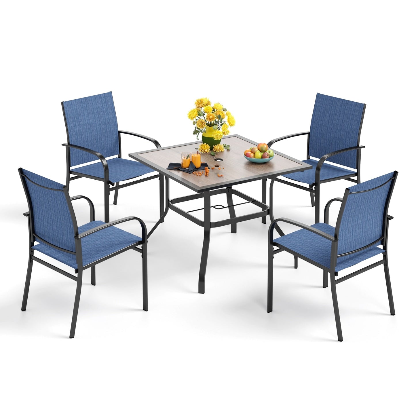 MAISON ARTS Set da pranzo per esterni da 5 pezzi con tavolo quadrato effetto legno e 4 sedie da pranzo in textilene