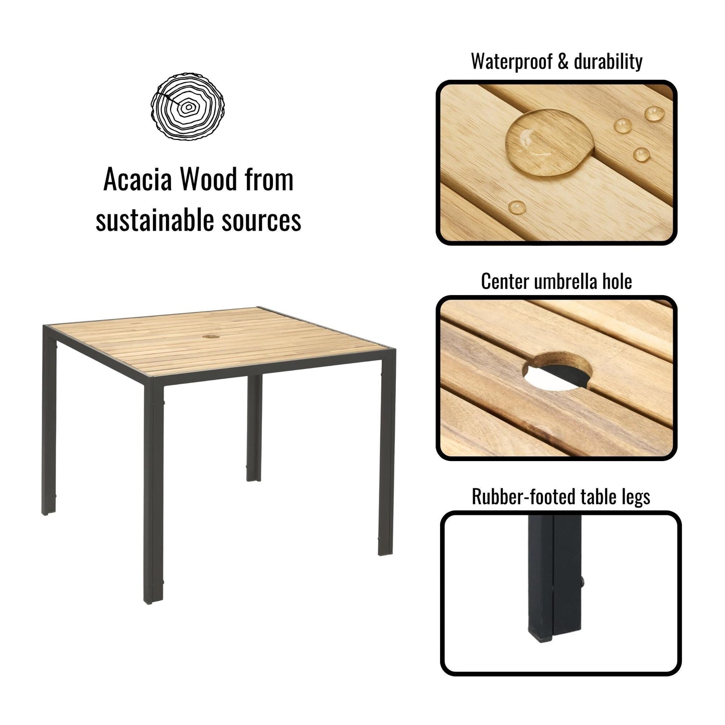 Set da pranzo per esterni in rattan da 5 pezzi con sedie impilabili, piano del tavolo in legno di acacia da 35 cm con foro per ombrellone