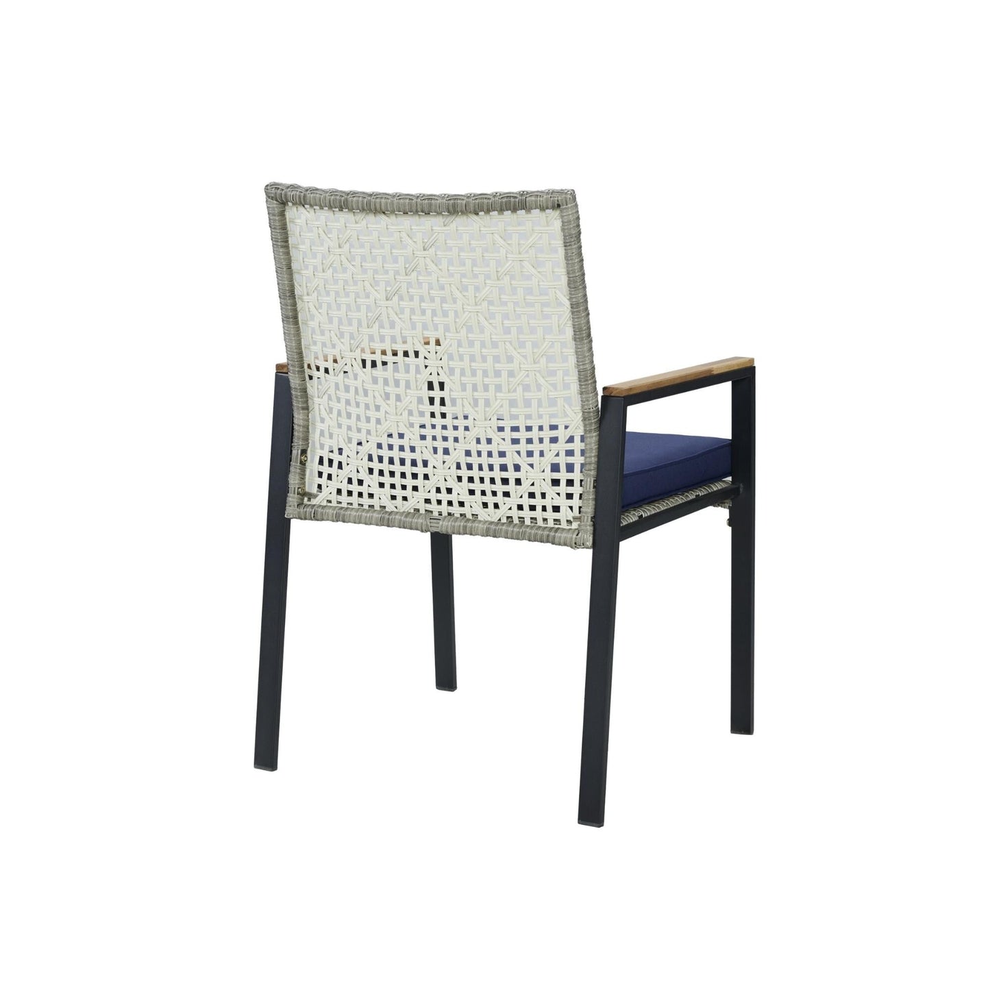 Set da pranzo per esterni in rattan da 5 pezzi con sedie impilabili, piano del tavolo in legno di acacia da 35 cm con foro per ombrellone