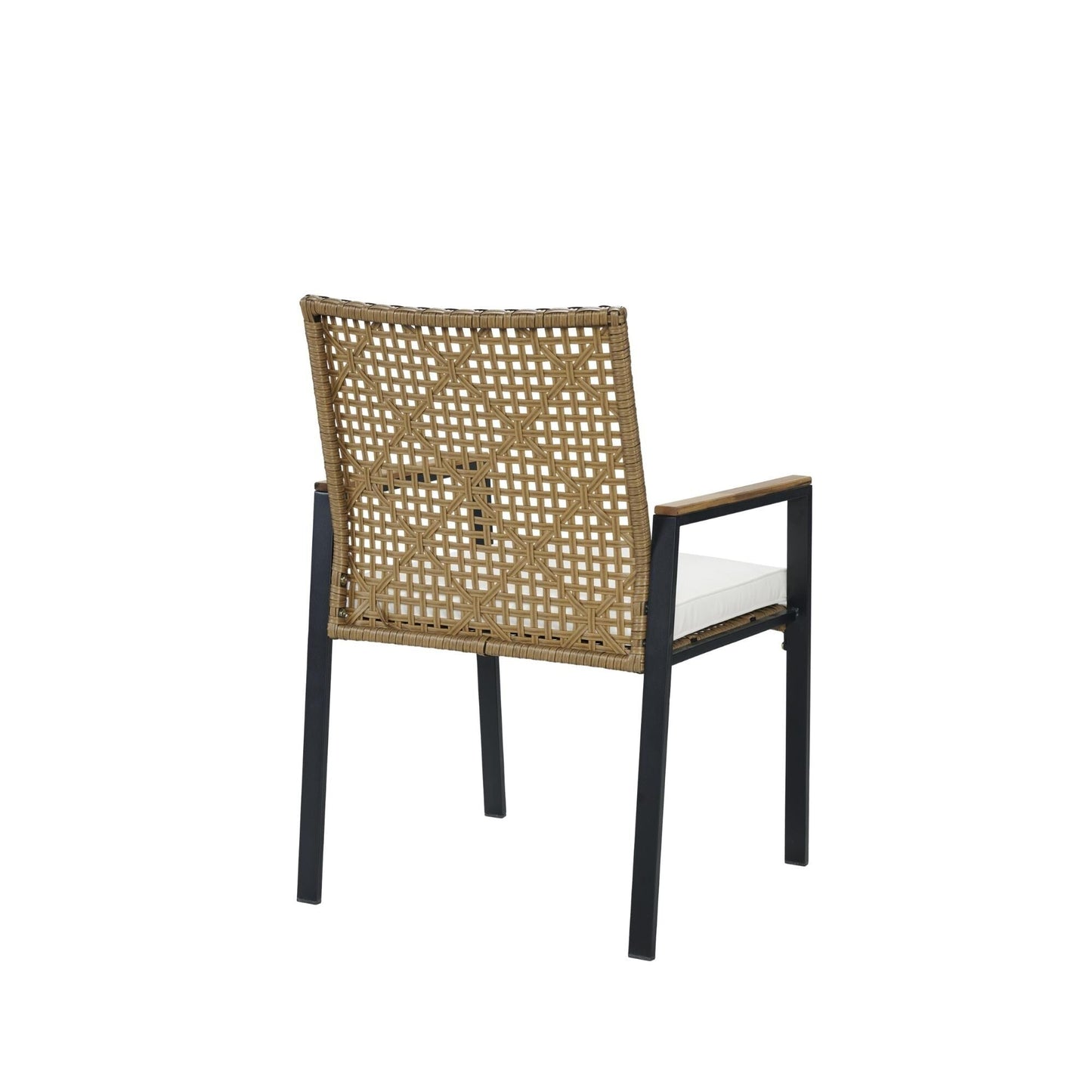 Set da pranzo per esterni in rattan da 5 pezzi con sedie impilabili, piano del tavolo in legno di acacia da 35 cm con foro per ombrellone