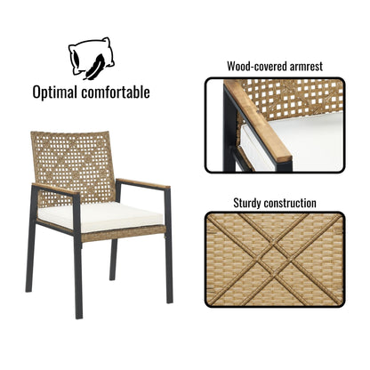 Set da pranzo per esterni in rattan da 5 pezzi con sedie impilabili, piano del tavolo in legno di acacia da 35 cm con foro per ombrellone