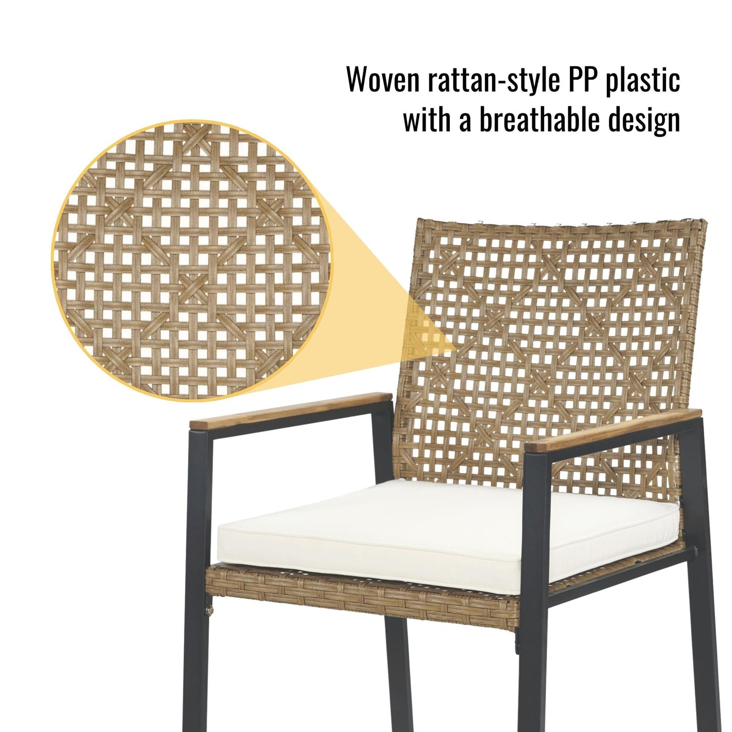 Set da pranzo per esterni in rattan da 5 pezzi con sedie impilabili, piano del tavolo in legno di acacia da 35 cm con foro per ombrellone