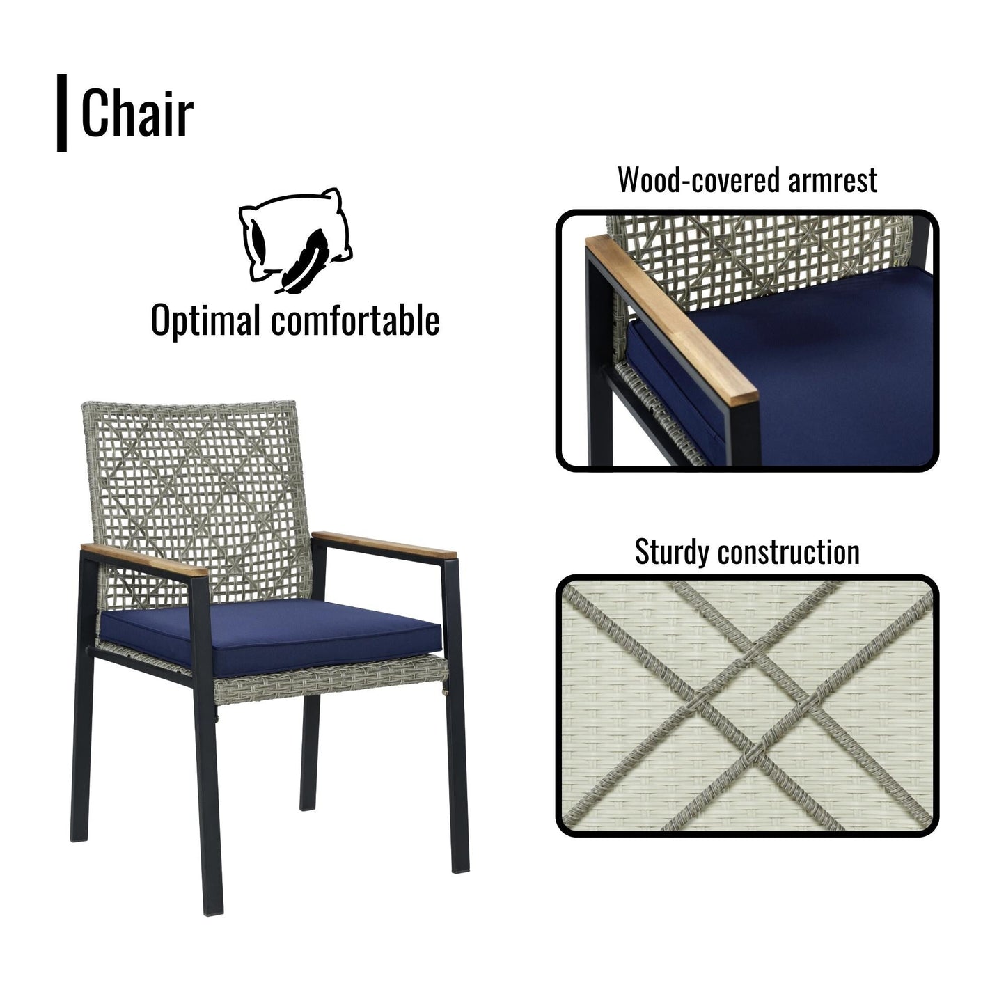 Set da pranzo per esterni in rattan da 5 pezzi con sedie impilabili, piano del tavolo in legno di acacia da 35 cm con foro per ombrellone