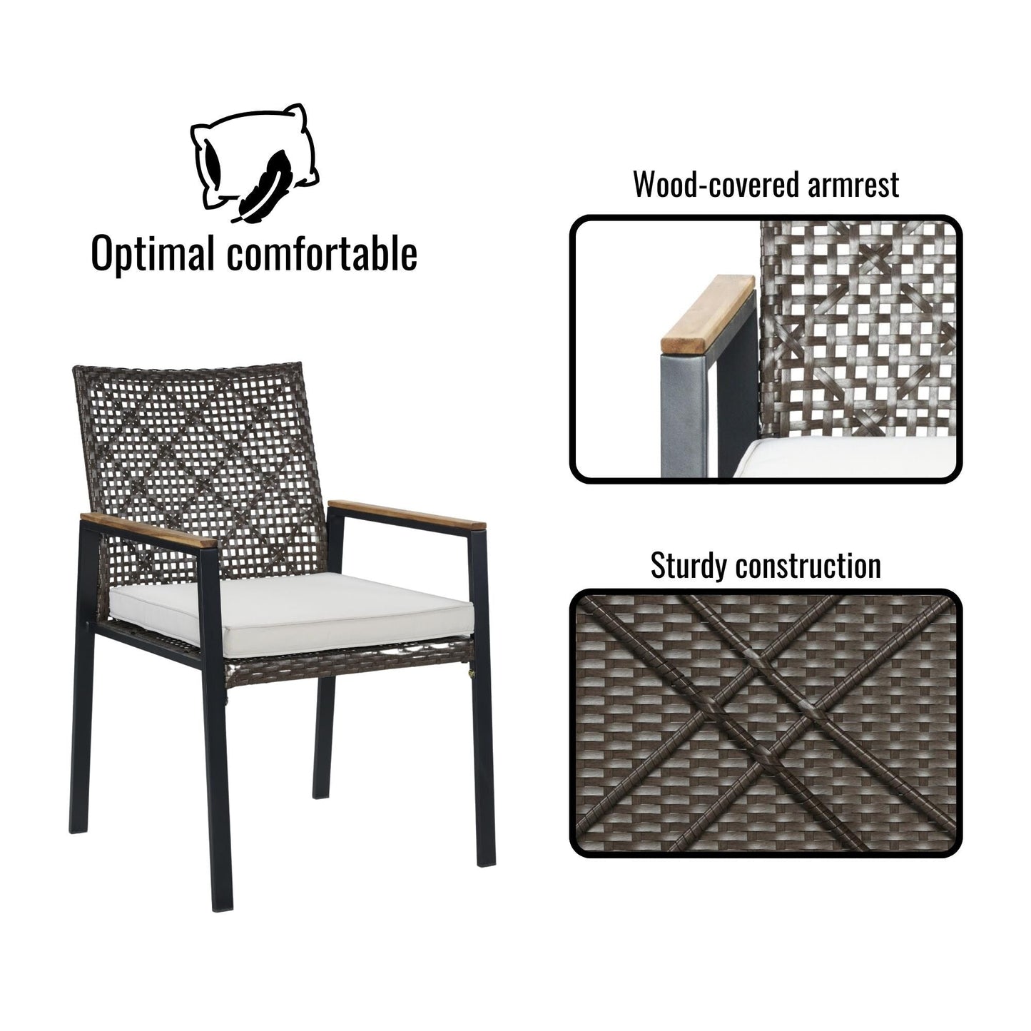 Set da pranzo per esterni in rattan da 5 pezzi con sedie impilabili, piano del tavolo in legno di acacia da 35 cm con foro per ombrellone