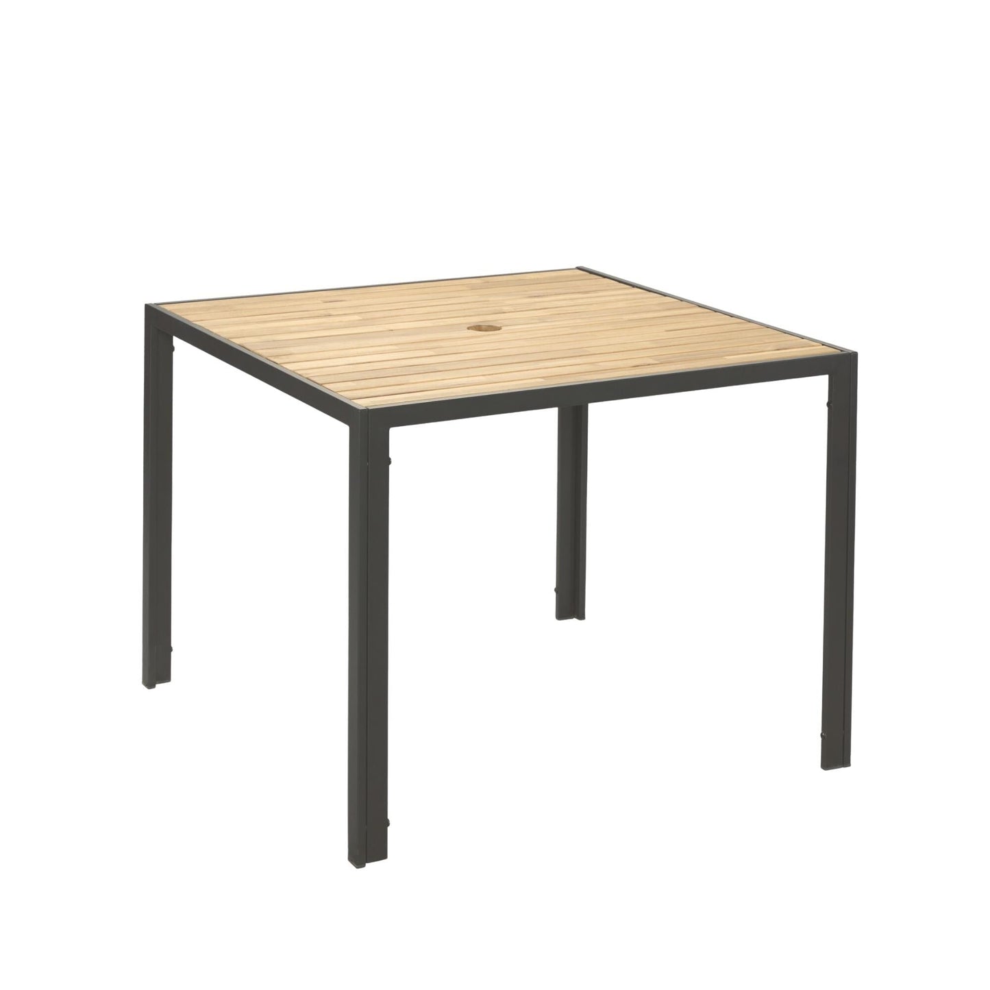 Set da pranzo per esterni in rattan da 5 pezzi con sedie impilabili, piano del tavolo in legno di acacia da 35 cm con foro per ombrellone