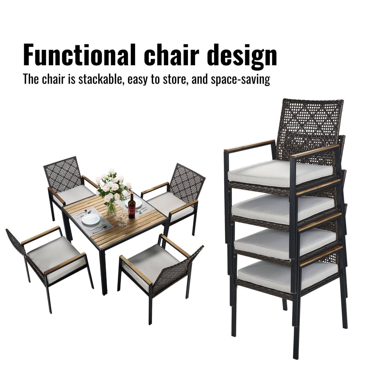 Set da pranzo per esterni in rattan da 5 pezzi con sedie impilabili, piano del tavolo in legno di acacia da 35 cm con foro per ombrellone