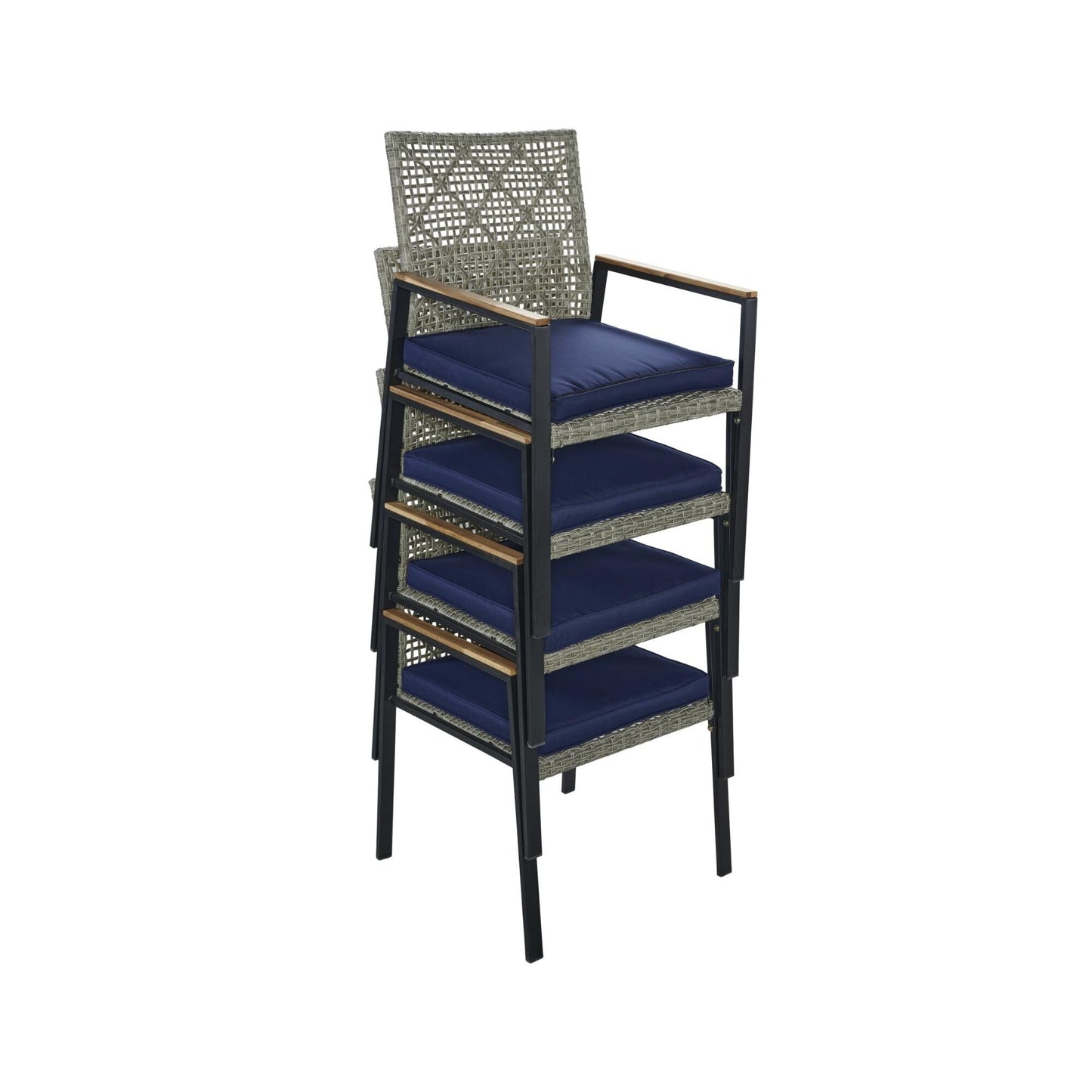 Set da pranzo per esterni in rattan da 5 pezzi con sedie impilabili, piano del tavolo in legno di acacia da 35 cm con foro per ombrellone