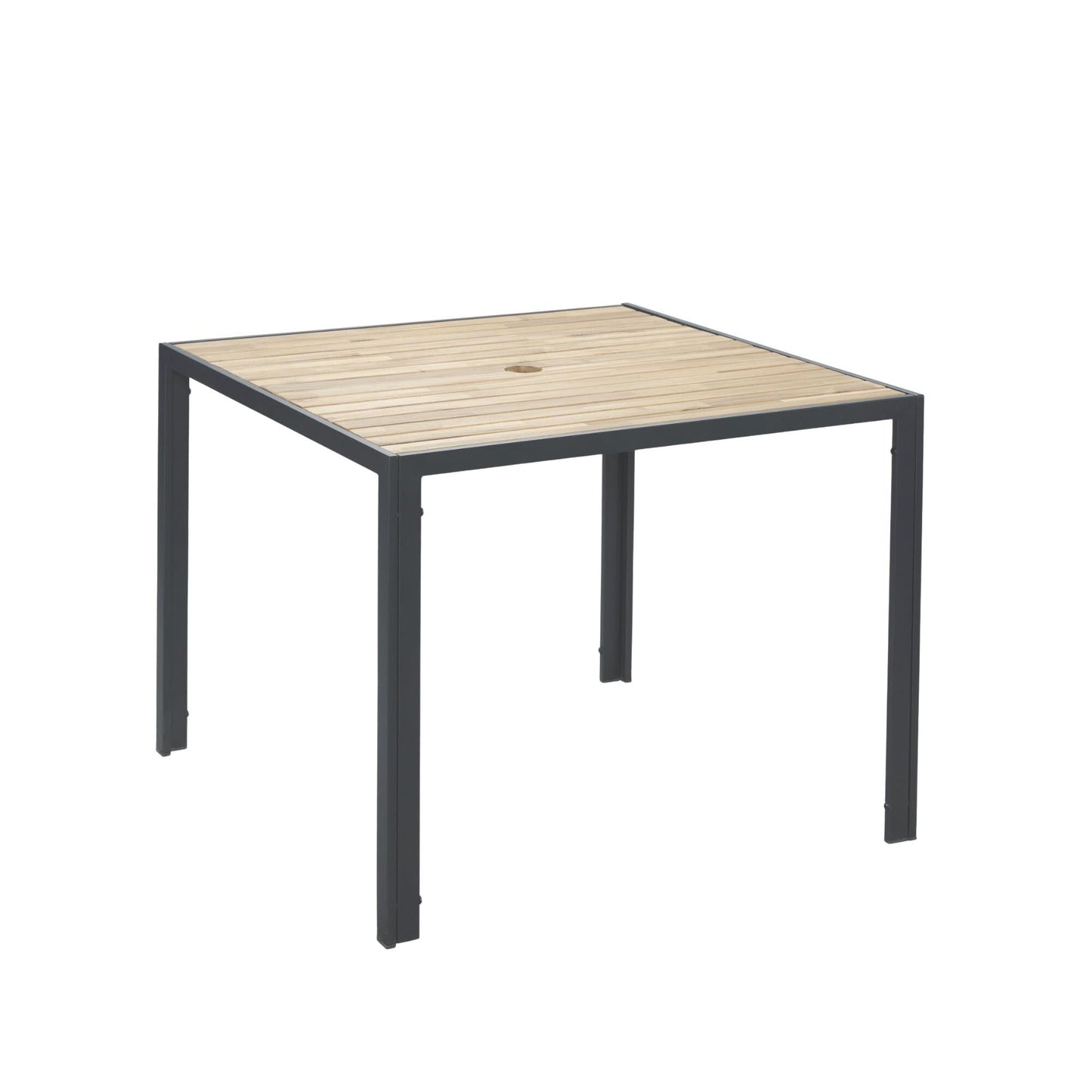 Set da pranzo per esterni in rattan da 5 pezzi con sedie impilabili, piano del tavolo in legno di acacia da 35 cm con foro per ombrellone
