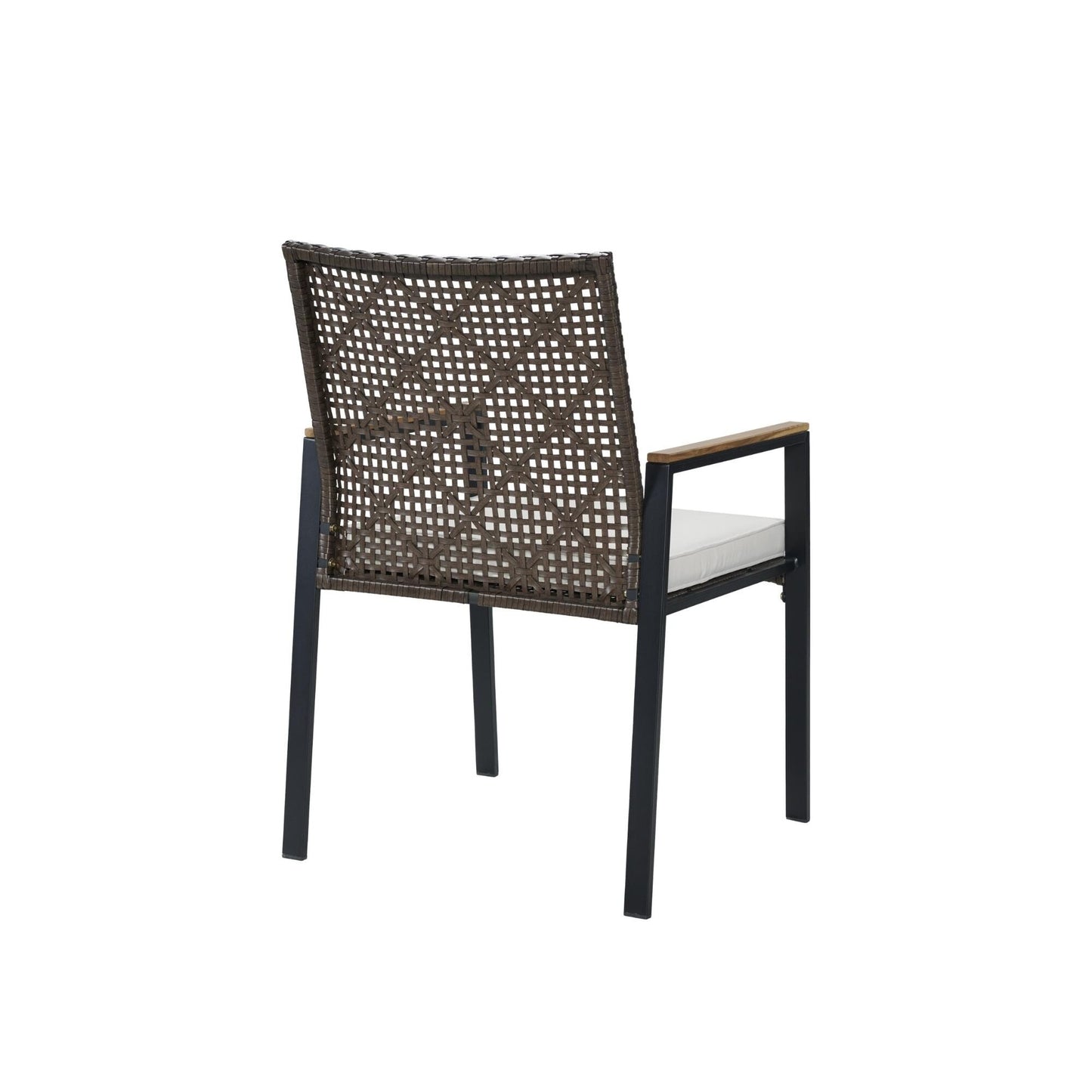 Set da pranzo per esterni in rattan da 5 pezzi con sedie impilabili, piano del tavolo in legno di acacia da 35 cm con foro per ombrellone