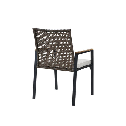 Set da pranzo per esterni in rattan da 5 pezzi con sedie impilabili, piano del tavolo in legno di acacia da 35 cm con foro per ombrellone