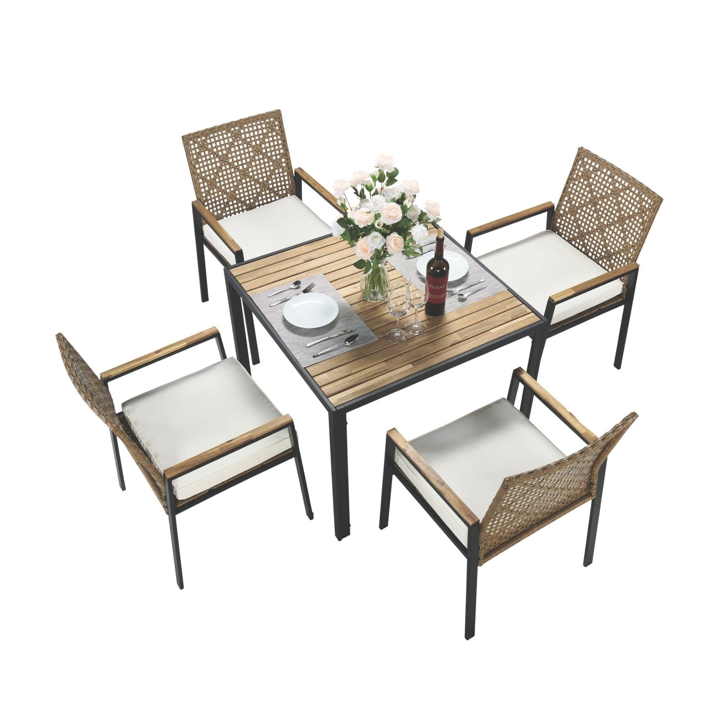 Set da pranzo per esterni in rattan da 5 pezzi con sedie impilabili, piano del tavolo in legno di acacia da 35 cm con foro per ombrellone