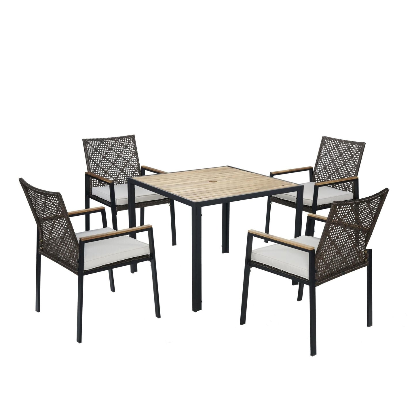 Set da pranzo per esterni in rattan da 5 pezzi con sedie impilabili, piano del tavolo in legno di acacia da 35 cm con foro per ombrellone