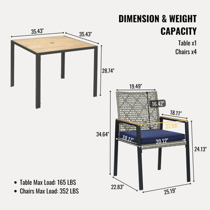 Set da pranzo per esterni in rattan da 5 pezzi con sedie impilabili, piano del tavolo in legno di acacia da 35 cm con foro per ombrellone