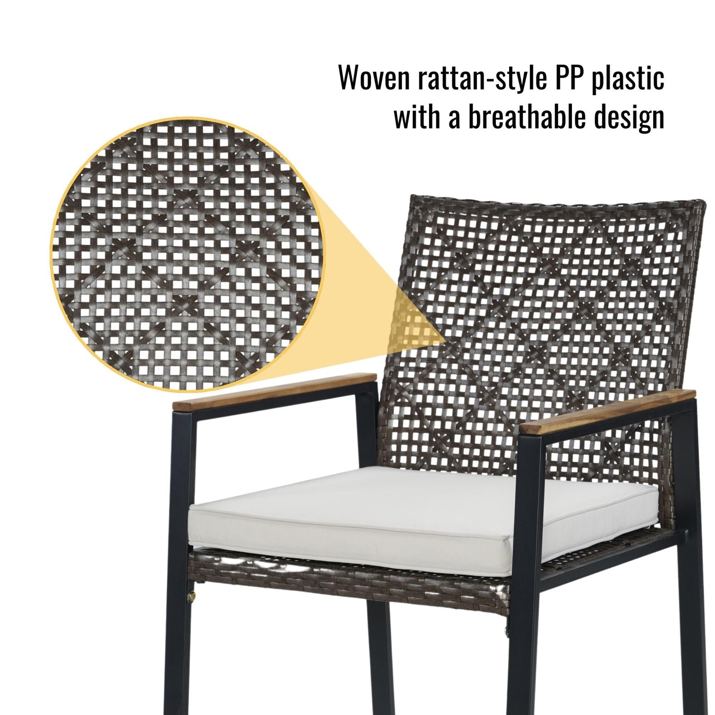 Set da pranzo per esterni in rattan da 5 pezzi con sedie impilabili, piano del tavolo in legno di acacia da 35 cm con foro per ombrellone