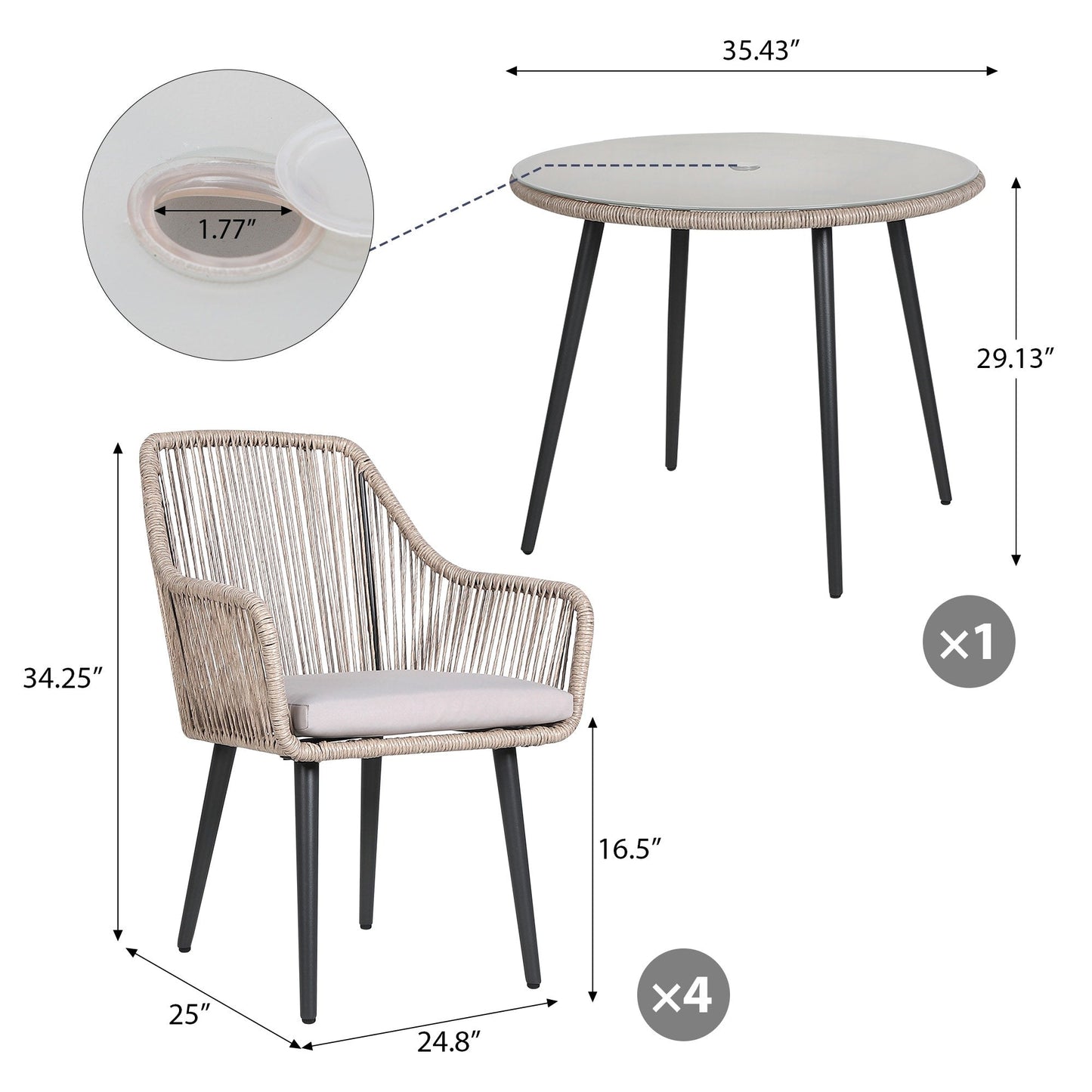 Set da pranzo in vimini per patio esterno da 5 pezzi