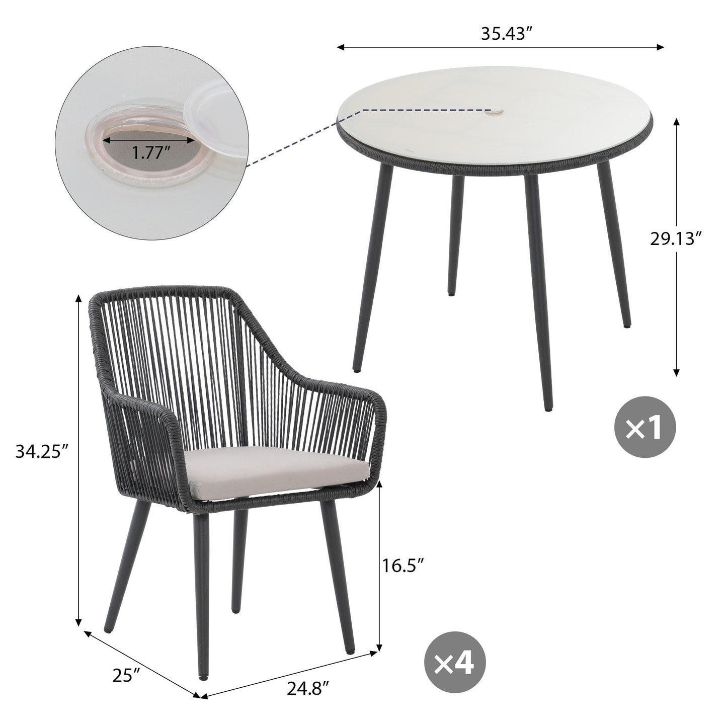 Set da pranzo in vimini per patio esterno da 5 pezzi