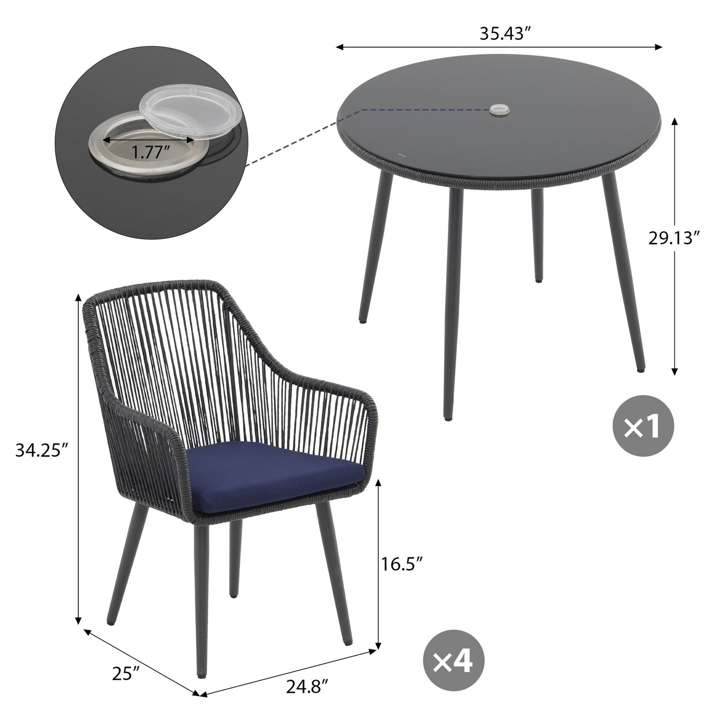 Set da pranzo in vimini per patio esterno da 5 pezzi