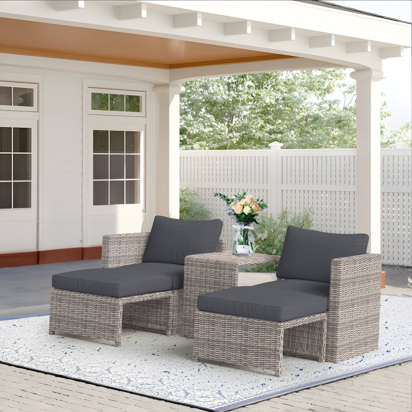 Set da conversazione in rattan da esterno, 5 pezzi, sedia in vimini con cuscini