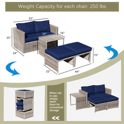 Set da conversazione in rattan da esterno, 5 pezzi, sedia in vimini con cuscini