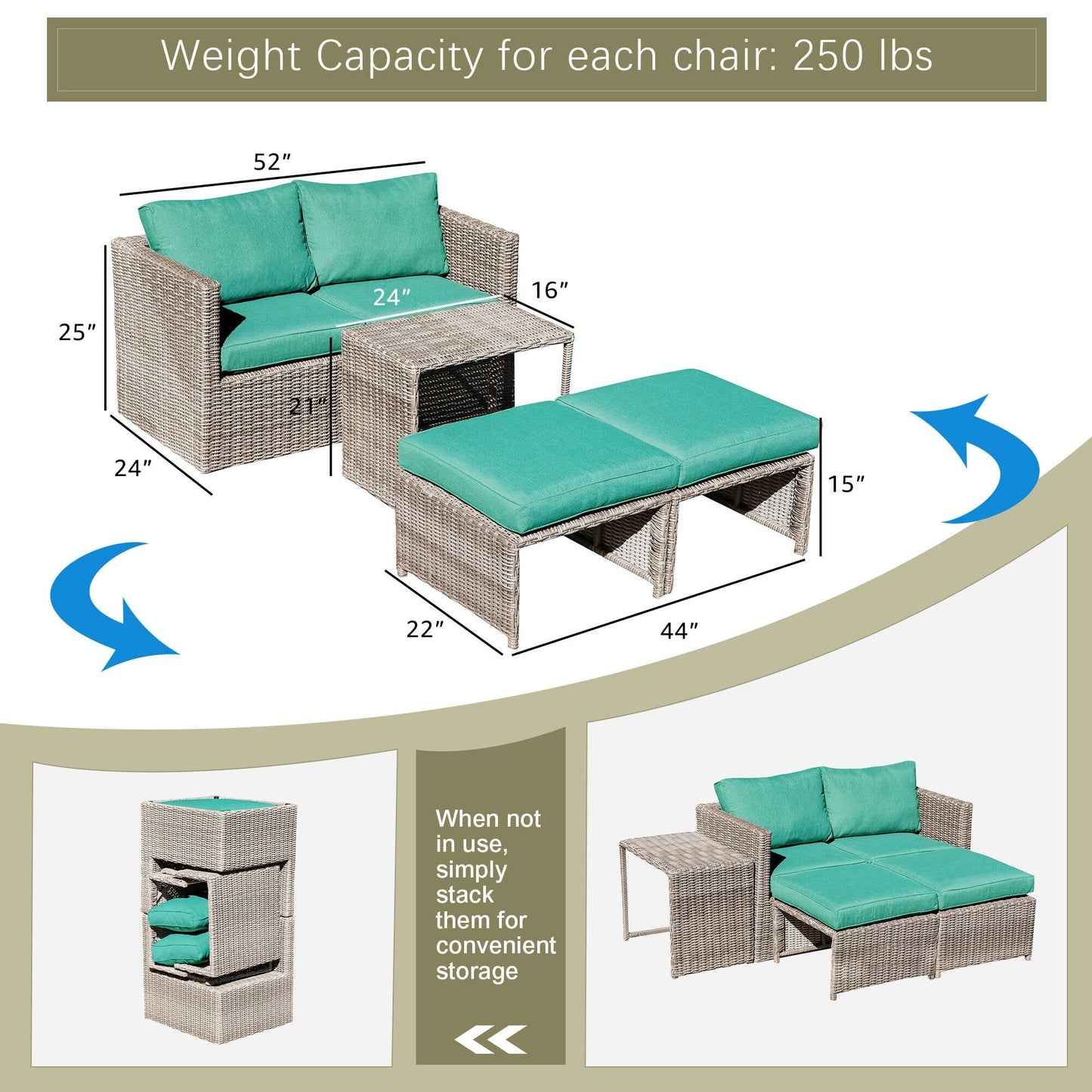 Set da conversazione in rattan da esterno, 5 pezzi, sedia in vimini con cuscini