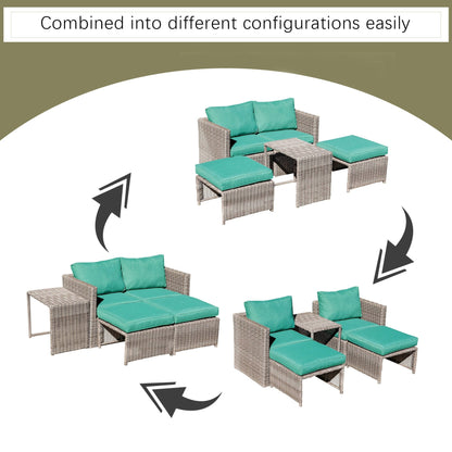 Set da conversazione in rattan da esterno, 5 pezzi, sedia in vimini con cuscini