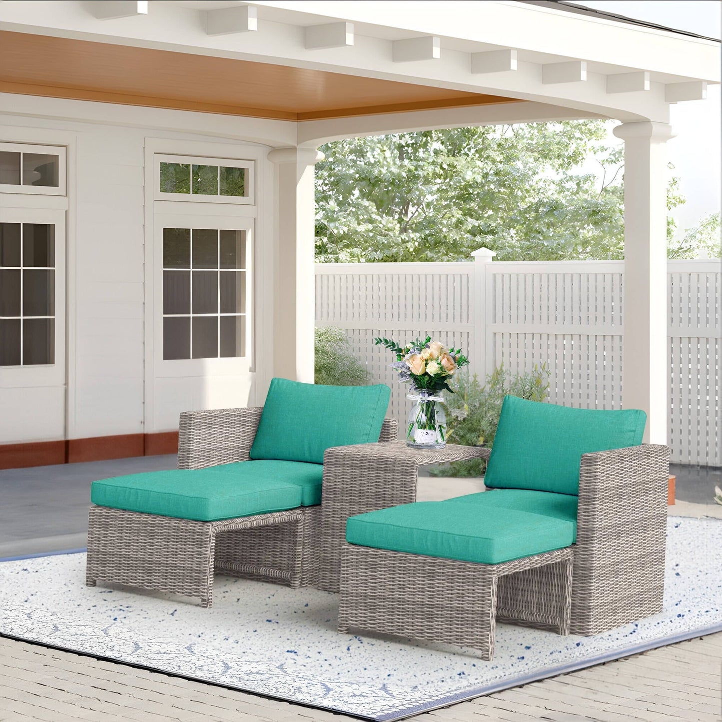 Set da conversazione in rattan da esterno, 5 pezzi, sedia in vimini con cuscini