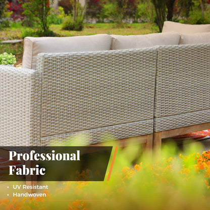 MAISON ARTS Set di divani componibili da esterno in rattan e legno di acacia da 5 pezzi, set da conversazione in vimini da patio con tavolino da caffè