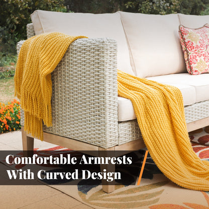 MAISON ARTS Set di divani componibili da esterno in rattan e legno di acacia da 5 pezzi, set da conversazione in vimini da patio con tavolino da caffè