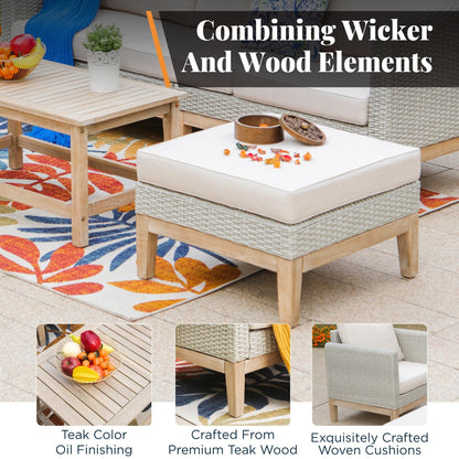 MAISON ARTS Set di divani componibili da esterno in rattan e legno di acacia da 5 pezzi, set da conversazione in vimini da patio con tavolino da caffè