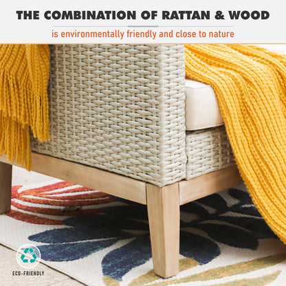 MAISON ARTS Set di divani componibili da esterno in rattan e legno di acacia da 5 pezzi, set da conversazione in vimini da patio con tavolino da caffè