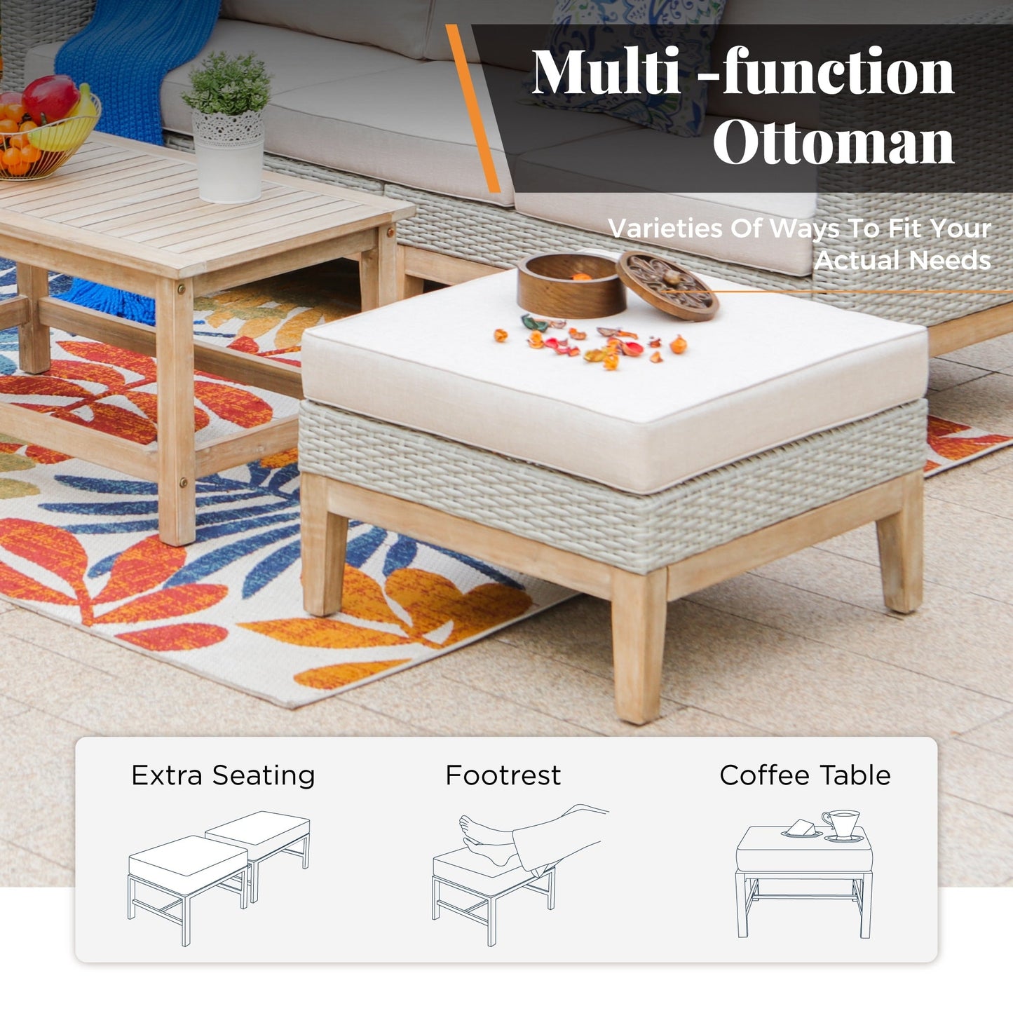 MAISON ARTS Set di divani componibili da esterno in rattan e legno di acacia da 5 pezzi, set da conversazione in vimini da patio con tavolino da caffè