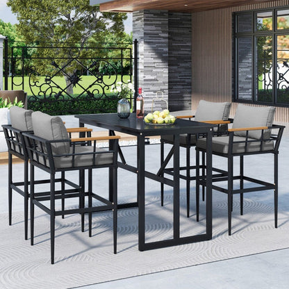 Set da pranzo da esterno in acciaio da 5 pezzi con 4 sedie, set da bar per patio, cuscini
