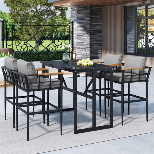 Set da pranzo da esterno in acciaio da 5 pezzi con 4 sedie, set da bar per patio, cuscini