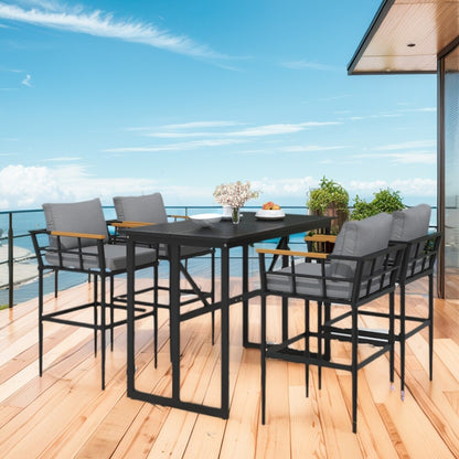 Set da pranzo da esterno in acciaio da 5 pezzi con 4 sedie, set da bar per patio, cuscini