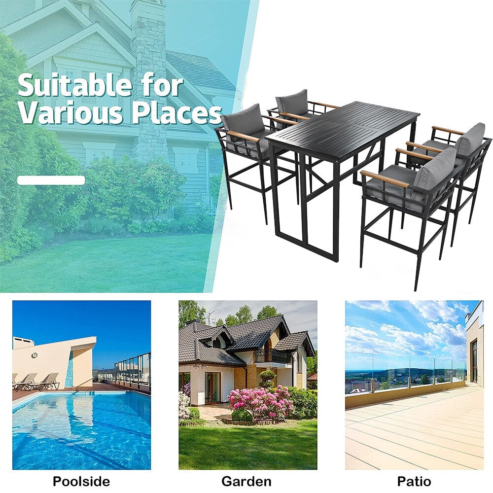 Set da pranzo da esterno in acciaio da 5 pezzi con 4 sedie, set da bar per patio, cuscini