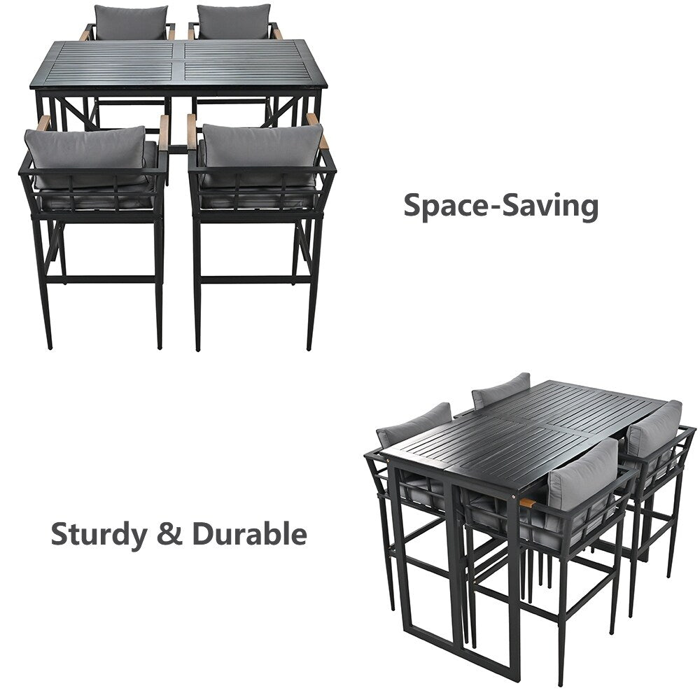 Set da pranzo da esterno in acciaio da 5 pezzi con 4 sedie, set da bar per patio, cuscini