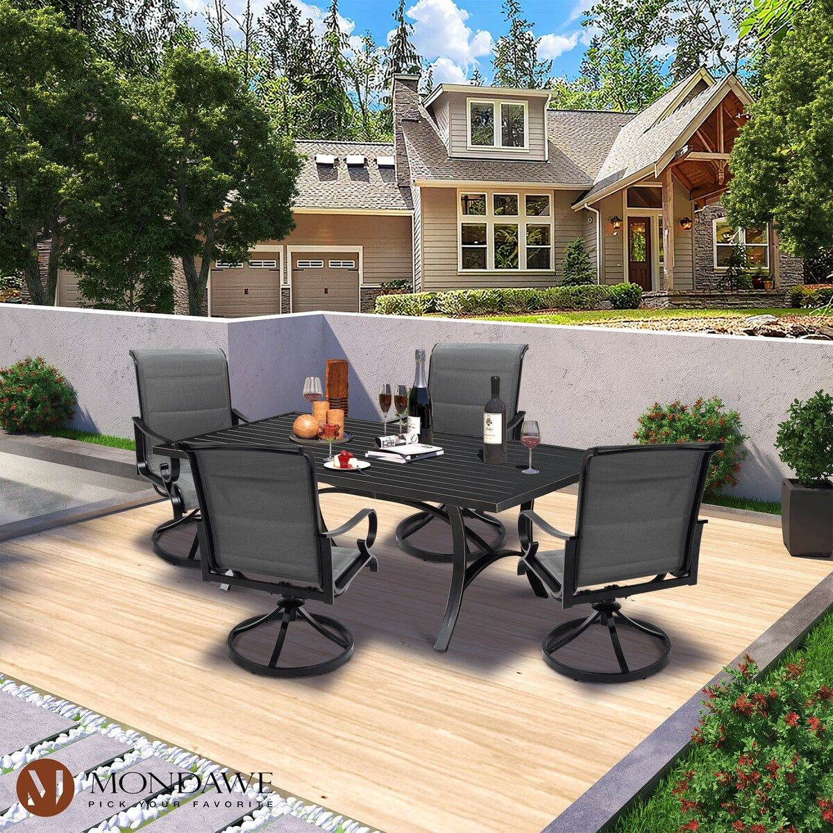 Set da pranzo con sedia girevole in alluminio e textilene da esterno, 5 pezzi