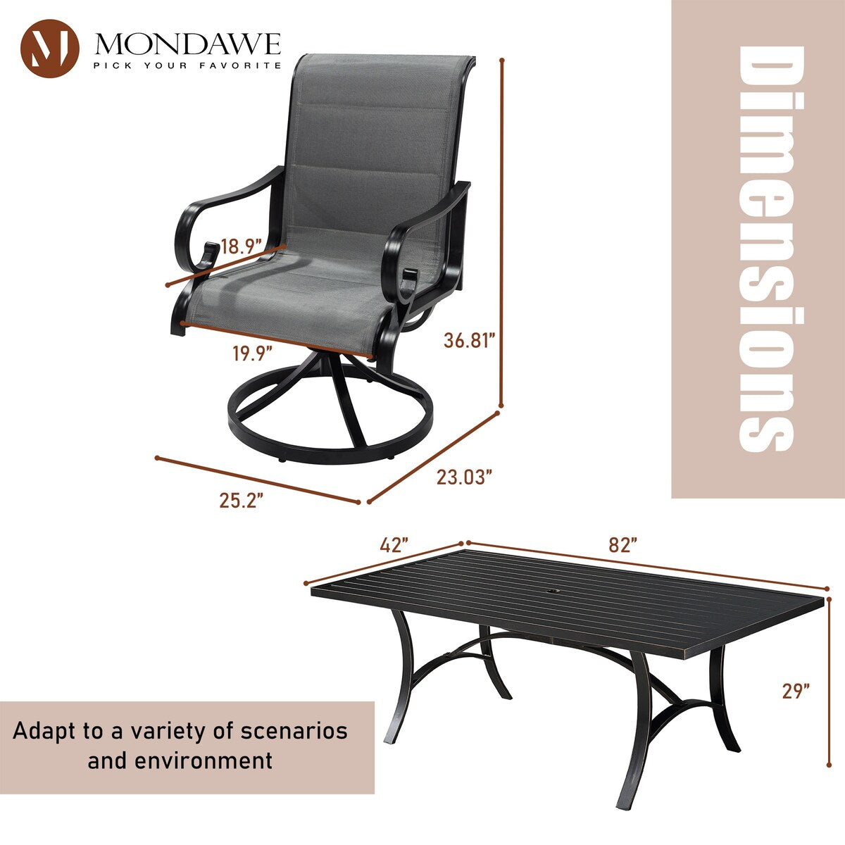 Set da pranzo con sedia girevole in alluminio e textilene da esterno, 5 pezzi