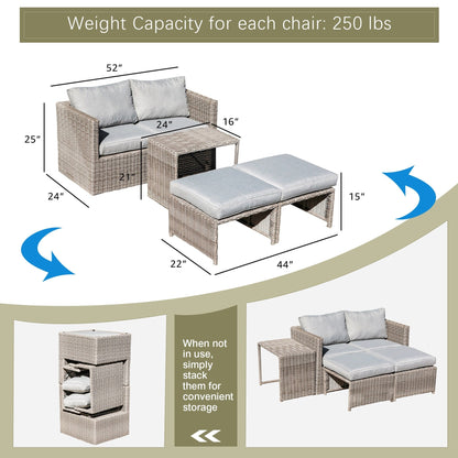 Set da conversazione in rattan da esterno, 5 pezzi, sedia in vimini con cuscini