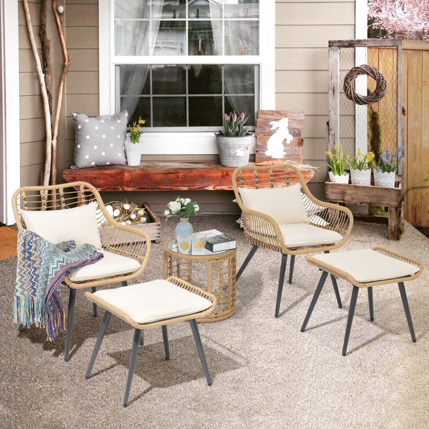 Set da conversazione imbottito in vimini da esterno da 5 pezzi