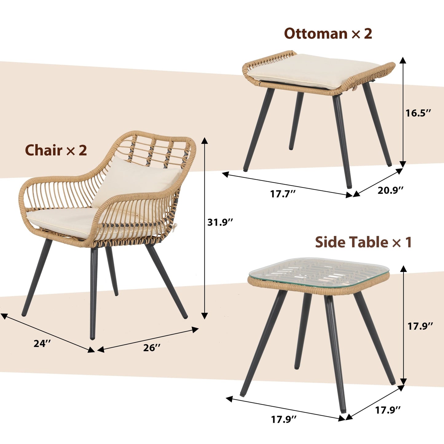 Set da conversazione imbottito in vimini da esterno da 5 pezzi
