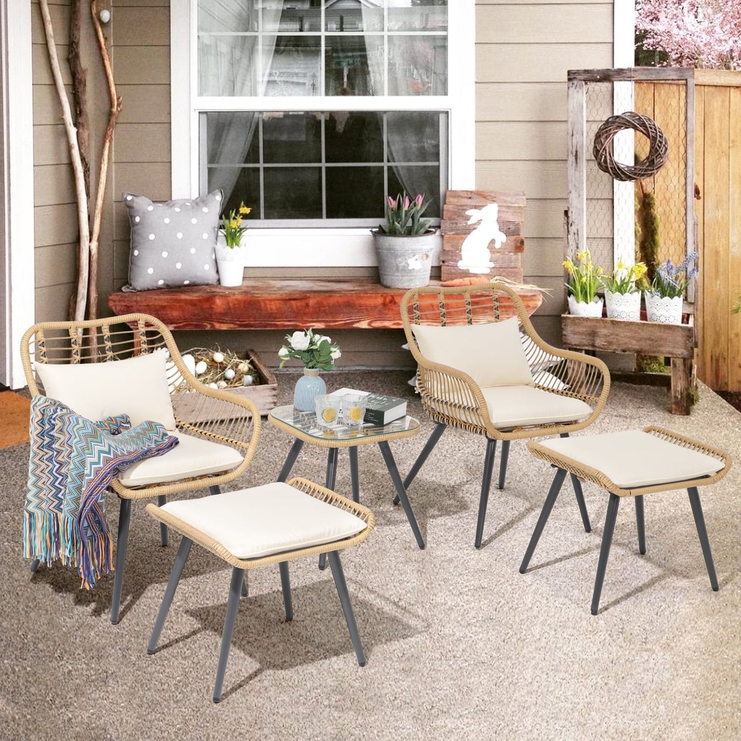 Set da conversazione imbottito in vimini da esterno da 5 pezzi