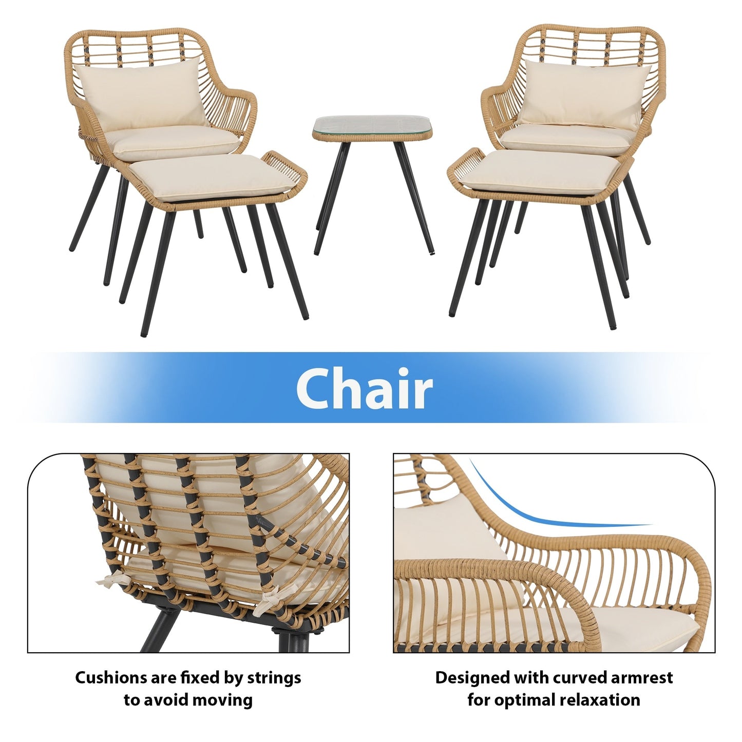 Set da conversazione imbottito in vimini da esterno da 5 pezzi
