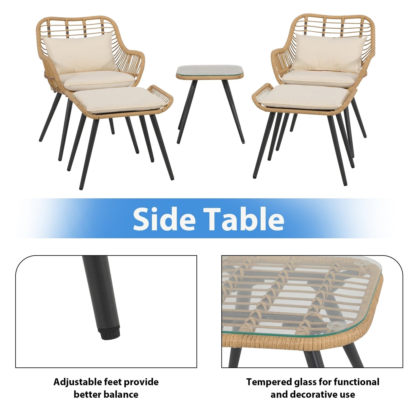 Set da conversazione imbottito in vimini da esterno da 5 pezzi