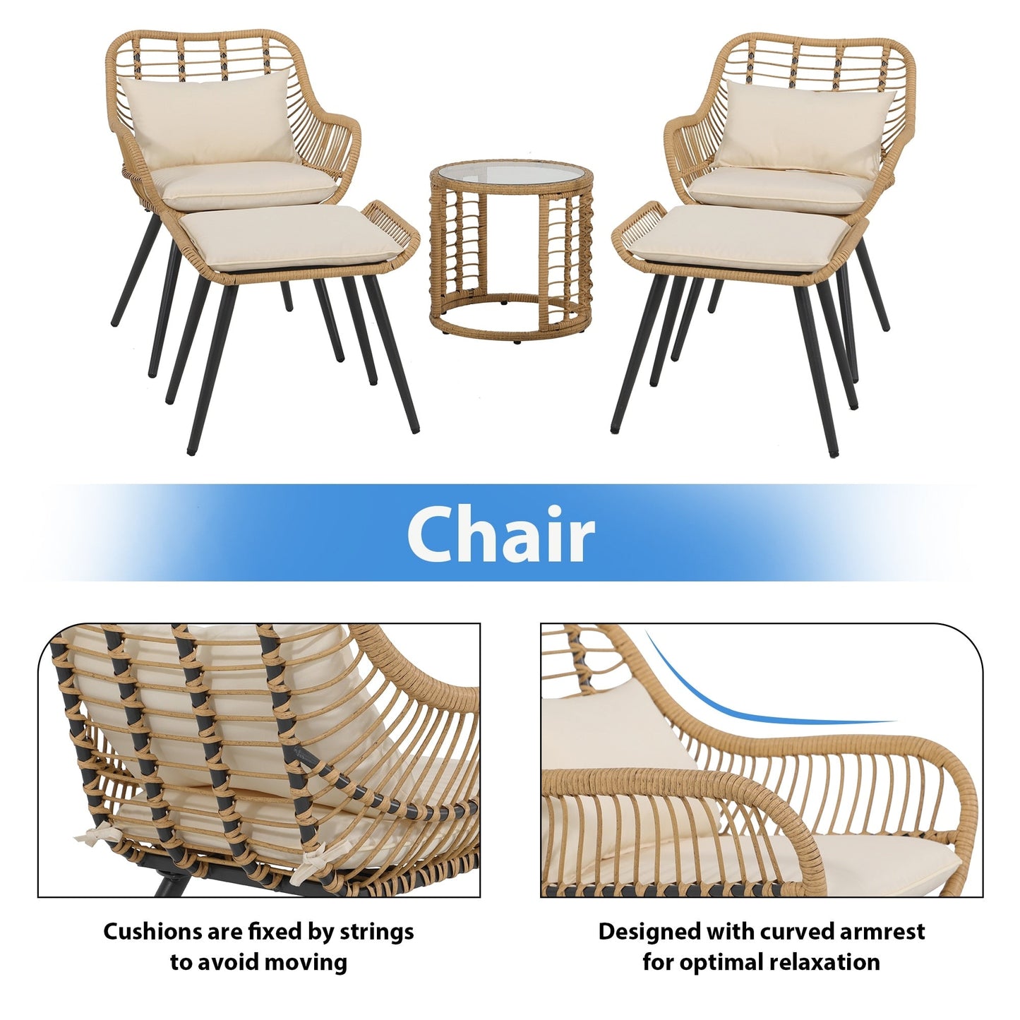 Set da conversazione imbottito in vimini da esterno da 5 pezzi