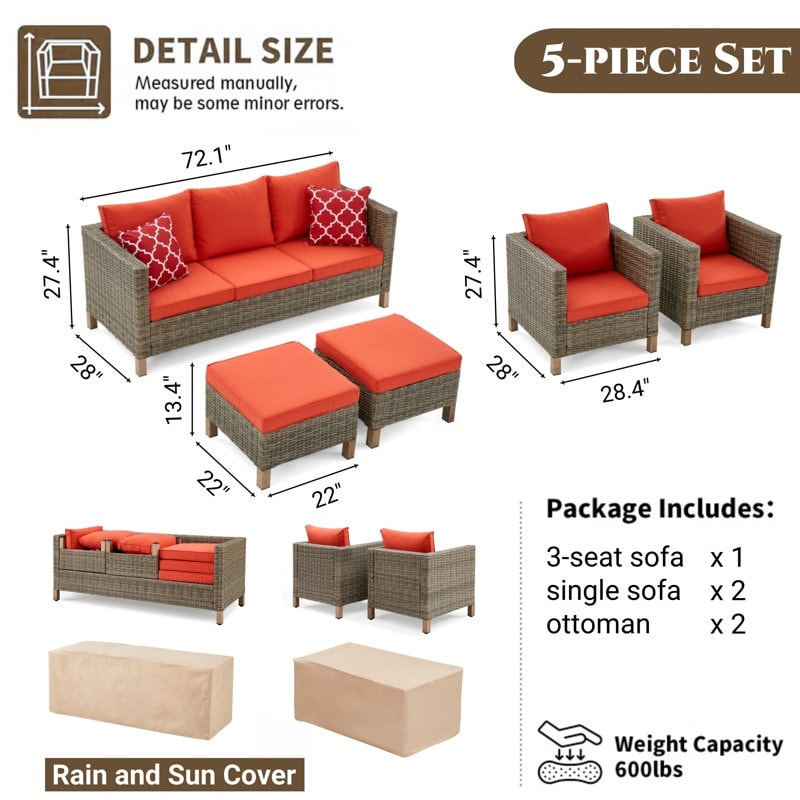 Set da conversazione in vimini per esterni da 5 pezzi