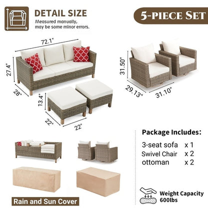 Set da conversazione in vimini per esterni da 5 pezzi