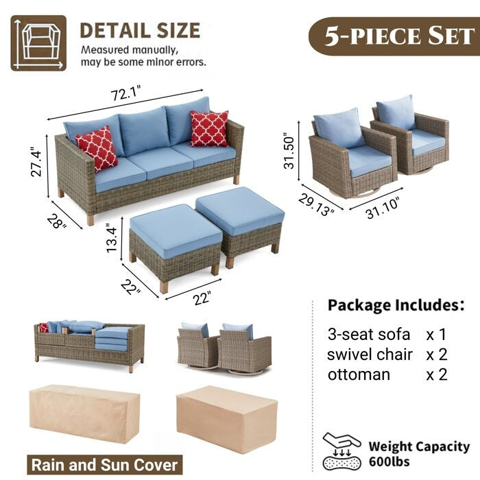 Set da conversazione in vimini per esterni da 5 pezzi